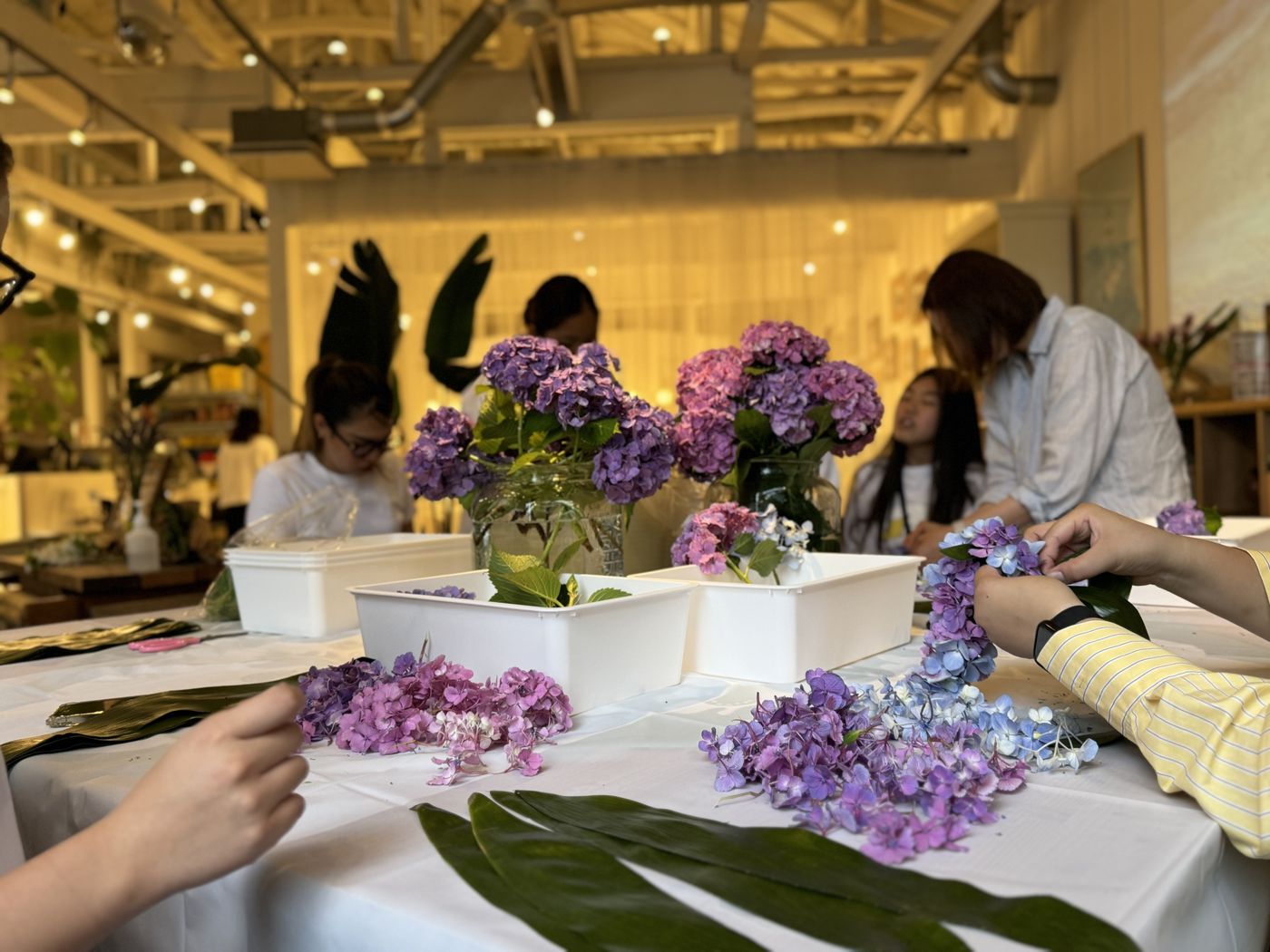 テーブルいっぱいの紫陽花を、ひと花ずつ。